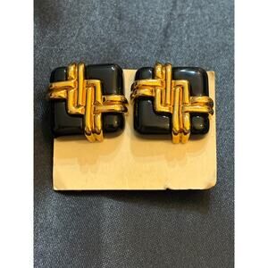 Vintage 80s Black Gold Tone Metal Statement Stud Earrings